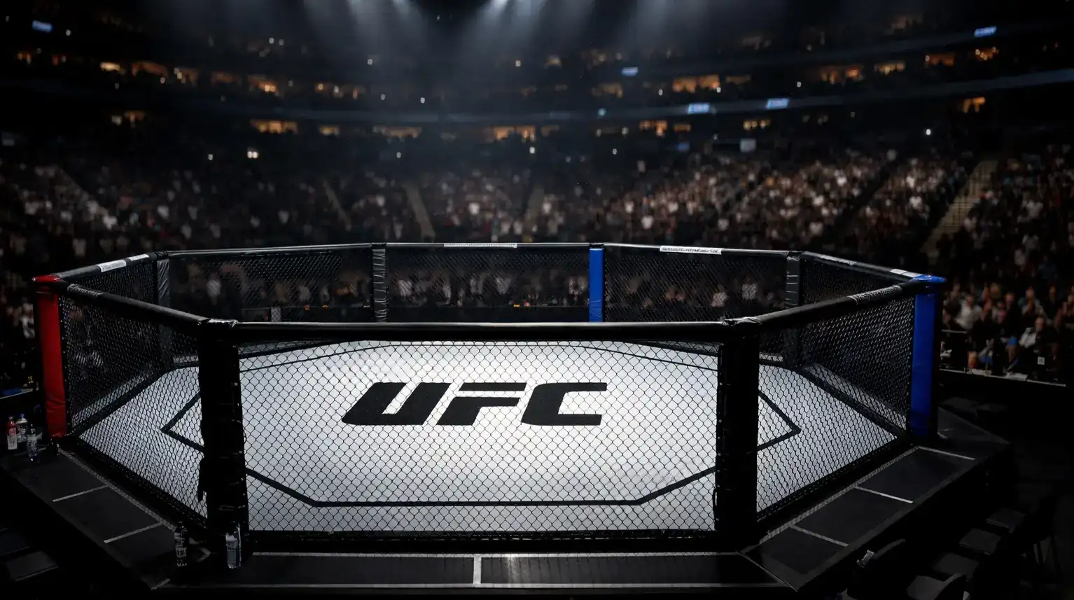 UFC octagon arena with dramatic lighting before a major fight night